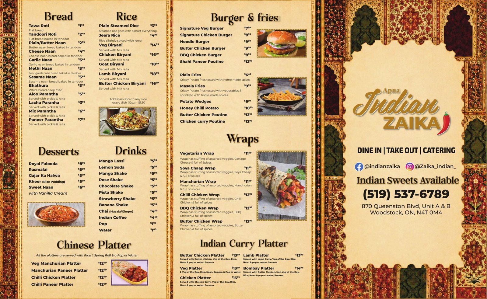 The Indian Zaika menu page 1 featuring Breads, Desserts, Drinks, Rice, Burgers and Wraps