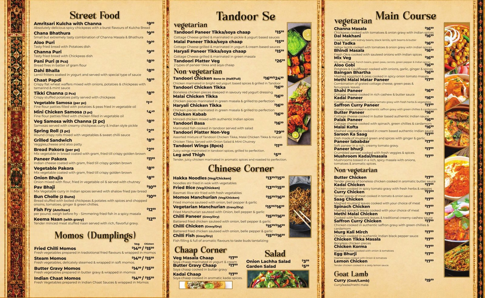 The Indian Zaika menu page 2 featuring Street Food, Momos, Tandoor Se, Chinese Corner and Main Course